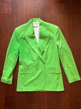AGGI Selected Bright Lime Green Silk Blend Double-Breasted Blazer, Size XS (34)